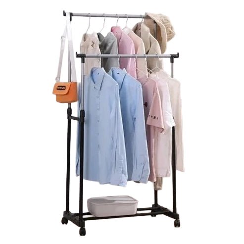 Porte-vêtements multifonctionnel à double tige réglable avec roulettes