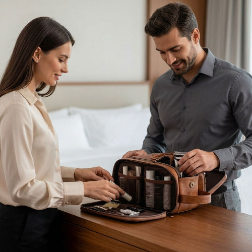 couple-rangeant-une-trousse-de-toilette-brune-ouverte-sur-une-table