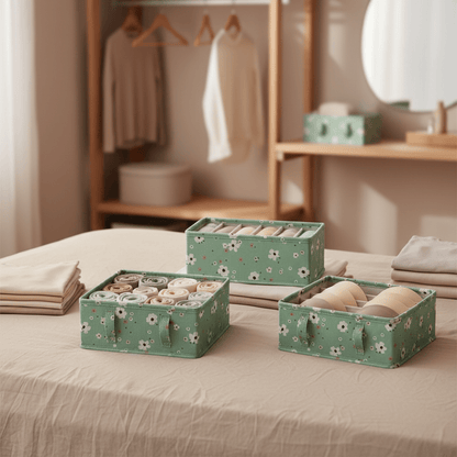 Trois boîtes de rangement sous vetement vertes sur lit avec vêtements et dressing en arrière-plan